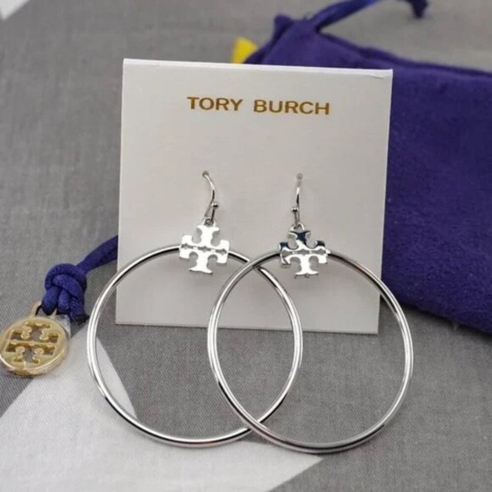 Tory Burch Stacked-T Hoop Earrings in Silver (Brand New)